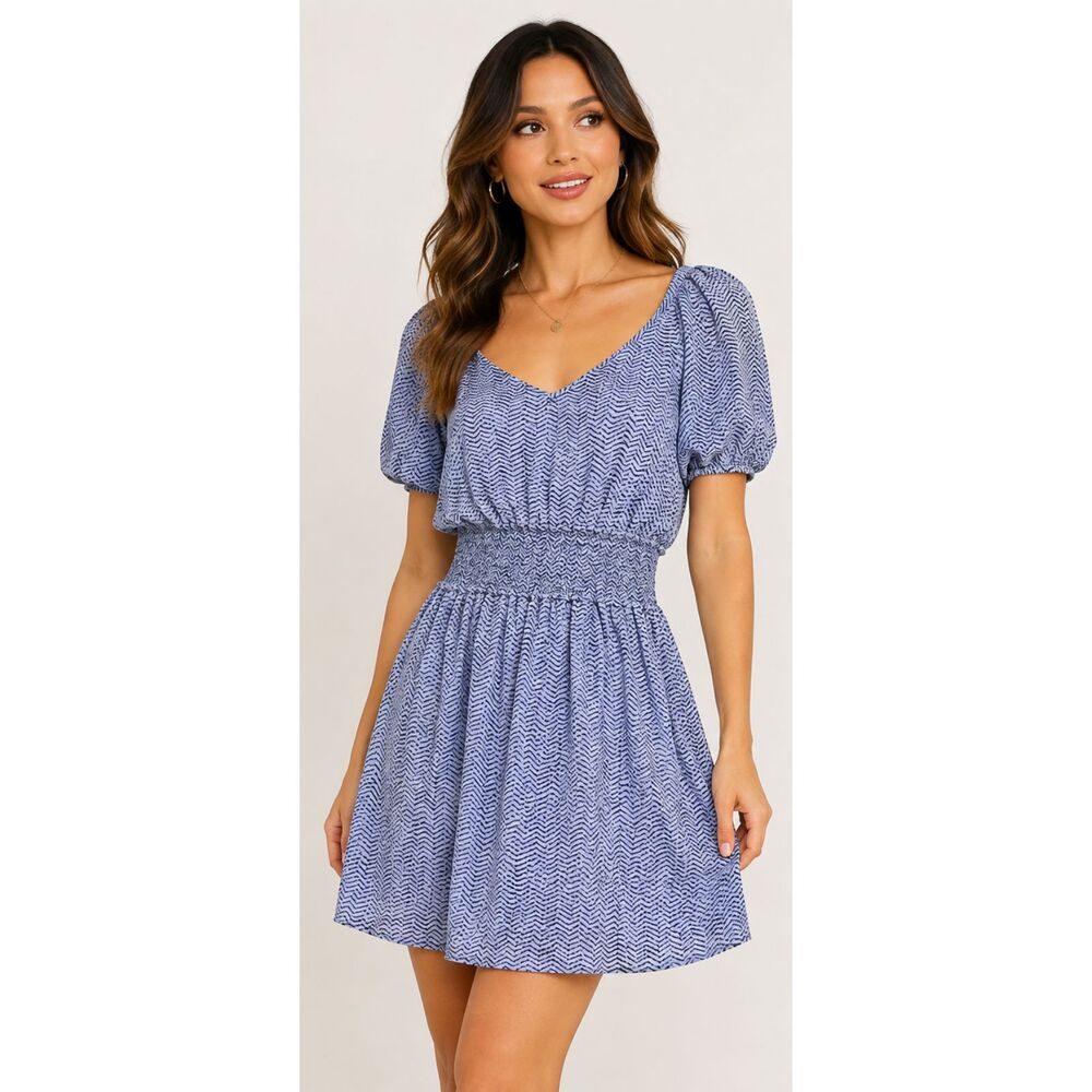 BCBGeneration Blue Abstract Print Smocked Waist Mini Dress Size Small